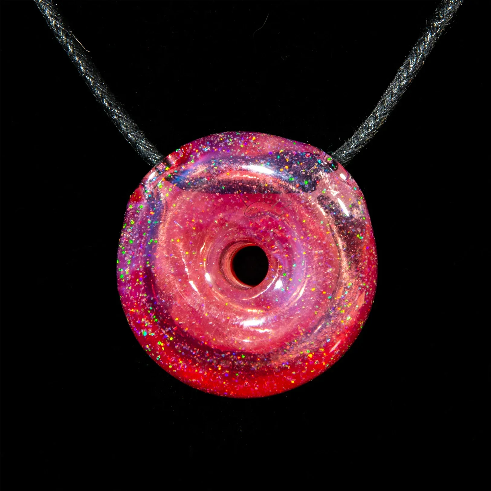 KGB Glass - Pink Marble Drizzle & Phoenix Crushed Opal Donut Pendant - Image 2